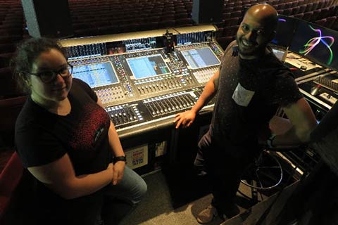 Christo Davis, head of audio for the Blue Man Group world tour with his deputy sound engineer Isobel Rush