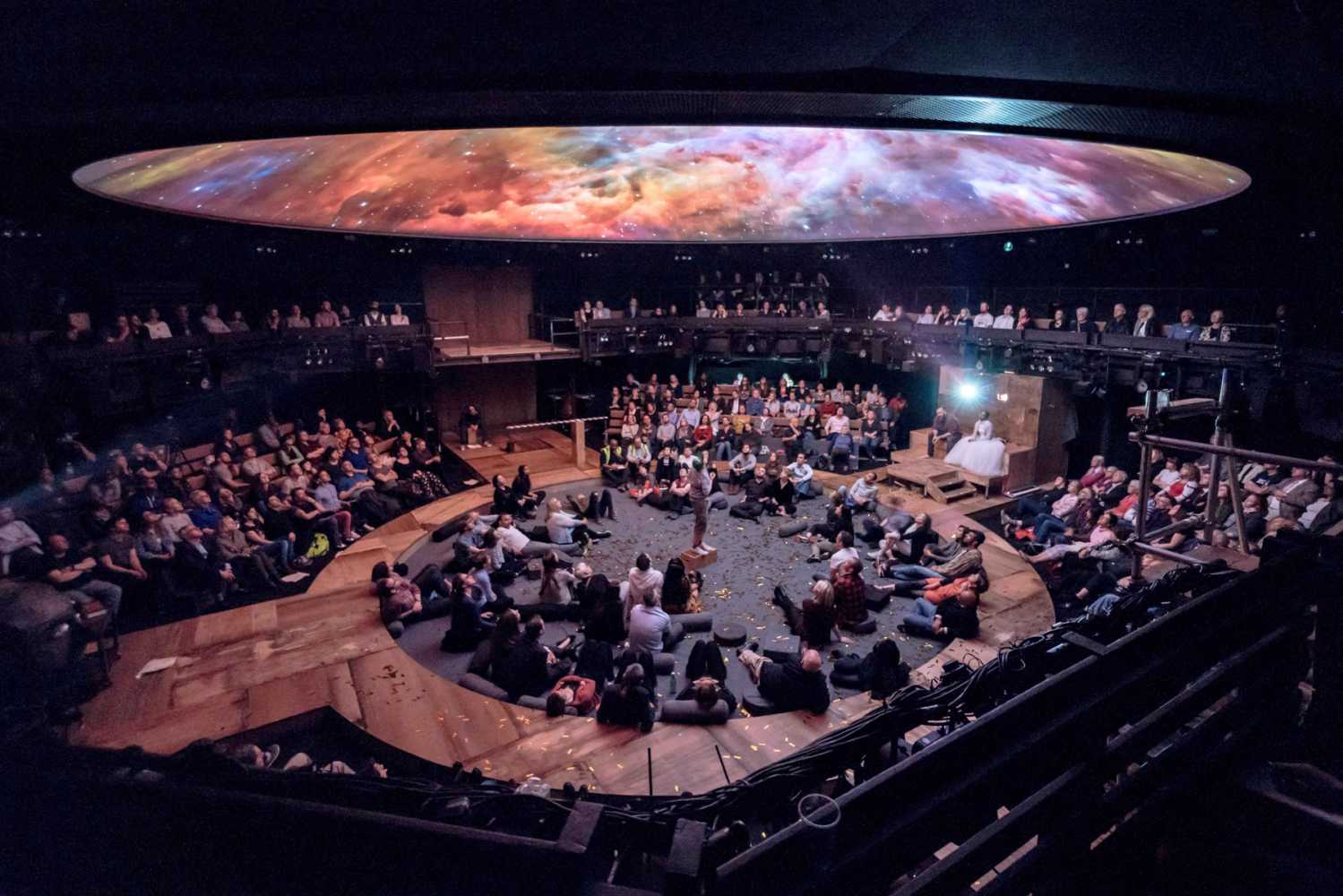 Bertolt Brecht’s Life of Galileo was staged in-the-round (photo: Leon Puplett Projections by 59 Productions)