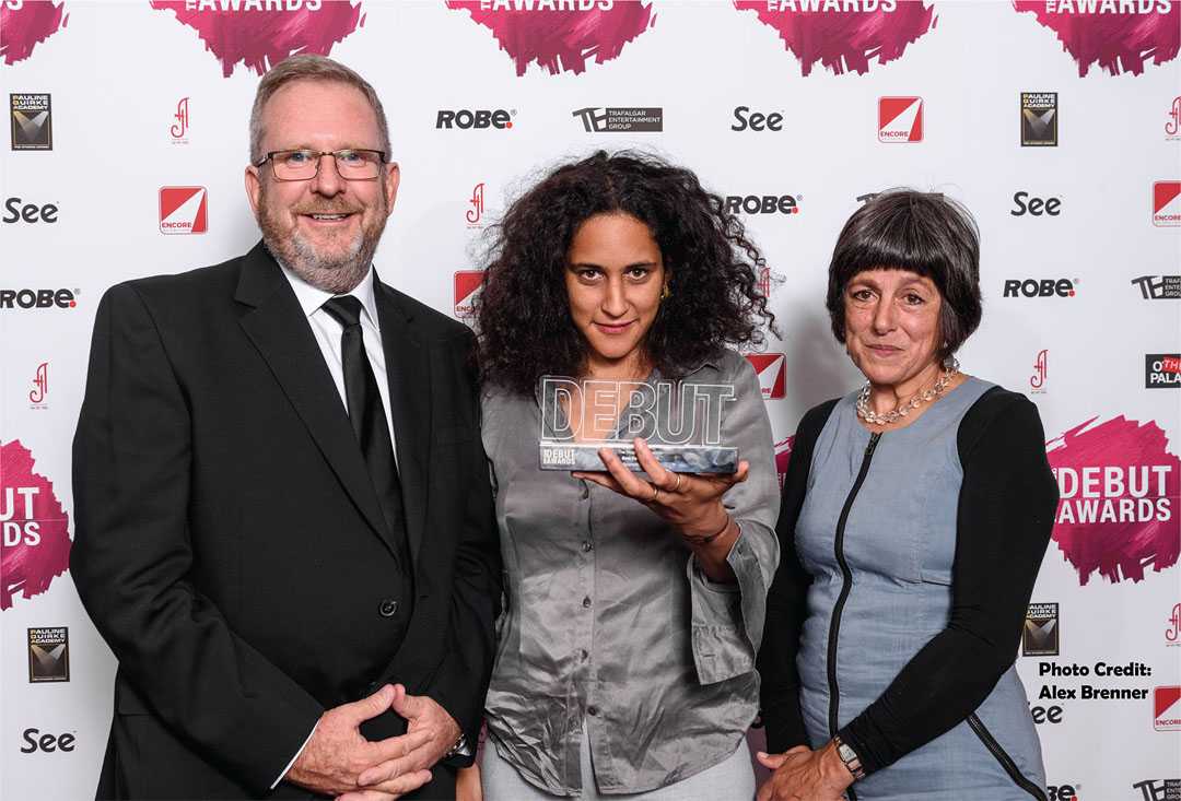 Robe UK’s Dave Whitehouse, winner of the Best Designer Award Rosie Elnile and Caro Newling from Neal Street Productions (photo: Alex Brenner)