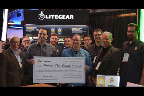 Holding the cheque are Al DeMayo (left), CEO of LiteGear, and Rick Rudolph, chair of the Behind the Scenes Foundation, along with LiteGear staff and BTS Board Members