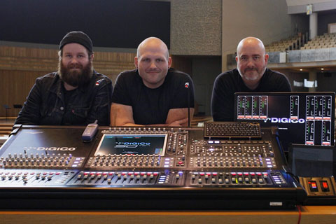 United Methodist Church of the Resurrection studio engineers Steven Moduno and Jordan Tracy with lead audio engineer Tim Higinbotham