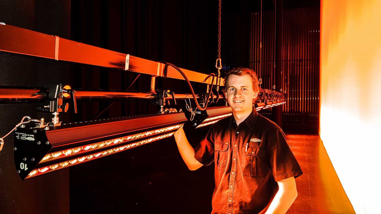 Ben Hunt at the Empire Theatres, with the newly delivered Robert Juliat Dalis lights (photo: Kris Stewart) Ben Hunt at the Empire Theatres, with the newly delivered Robert Juliat Dalis lights (photo: Kris Stewart)