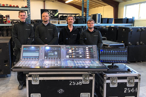 Dansk Lyd og Lys staff, Thor Lorenzen, Kristian Kühnel, Jørgen Brosbøl and Søren Jensen with the Rivage PM7 system