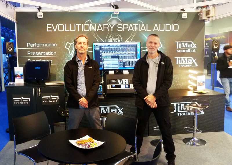 Out Board’s Dave Haydon and Robin Whittaker on stand at PLASA 2018 with the new StageSpace interface shown on screen