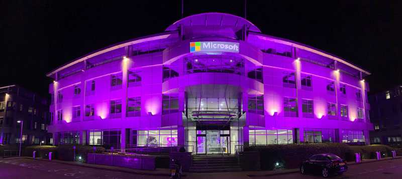 The exterior of the distinctive Microsoft office block was lit with six of the powerful P-10 lights