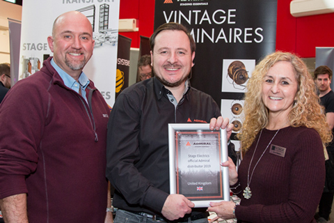 Stage Electrics' Adam Blaxill and Anna Western with Admiral's Ramon Oolthuis (centre)