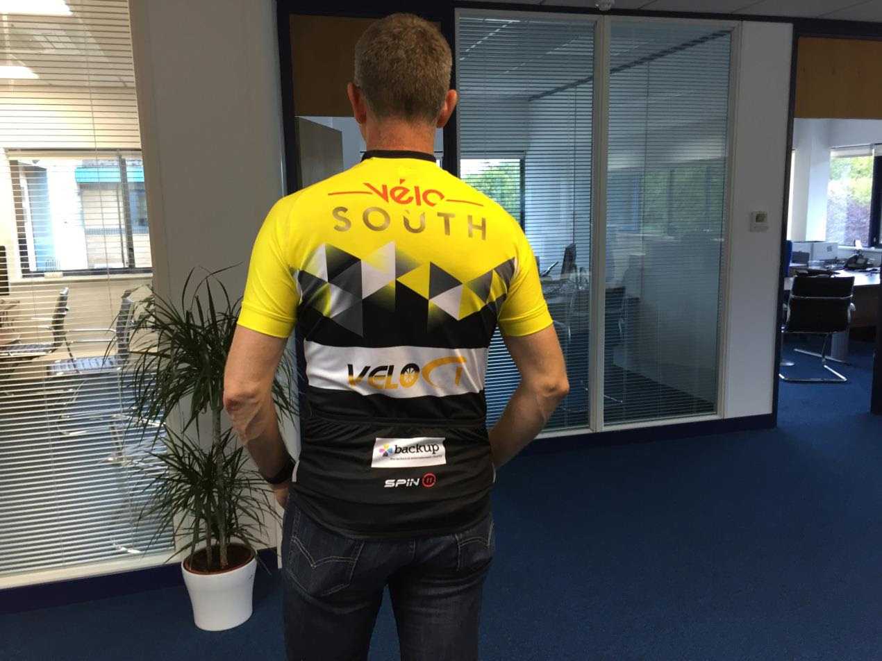 Rear view - CT's Steve Purkess models TeamVeloCT's team shirt