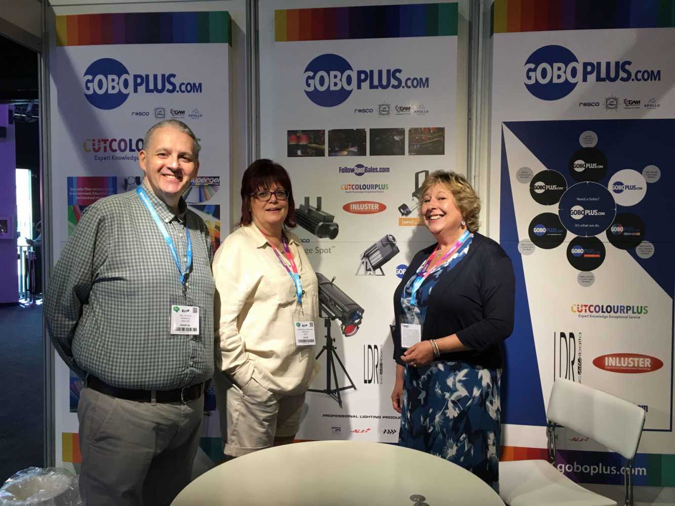 Paul de Ville, Mandy Bullock and Vicky Fairall of GoboPlus.com at PLASA Focus Leeds 2019 Paul de Ville, Mandy Bullock and Vicky Fairall of GoboPlus.com at PLASA Focus Leeds 2019