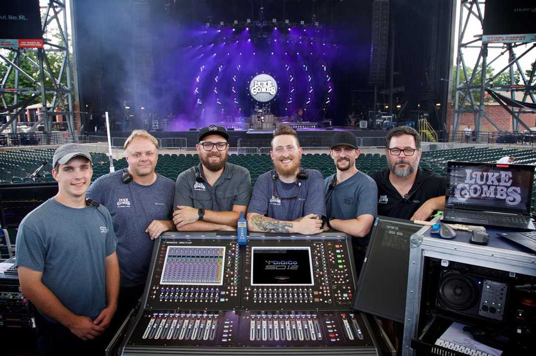 Luke Combs’ audio crew: SES PA/audio tech Jeremy White, PM Jerry Slone, monitor engineer Michael Zuehsow, RF coordinator/audio tech Dan McLaughlin, SES lead audio tech Andrew Steelman, and FOH engineer Todd Lewis Luke Combs’ audio crew: SES PA/audio tech Jeremy White, PM Jerry Slone, monitor engineer Michael Zuehsow, RF coordinator/audio tech Dan McLaughlin, SES lead audio tech Andrew Steelman, and FOH engineer Todd Lewis