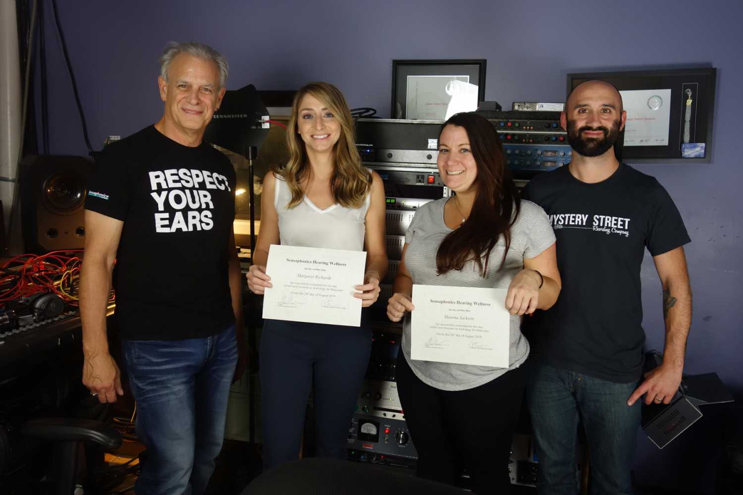 Sensaphonics president, Dr. Michael Santucci; Dr. Margaret Richards, Dr. Shawna Jackson and Joe Tessone, owner of Mystery Street Recording Company Sensaphonics president, Dr. Michael Santucci; Dr. Margaret Richards, Dr. Shawna Jackson and Joe Tessone, owner of Mystery Street Recording Company