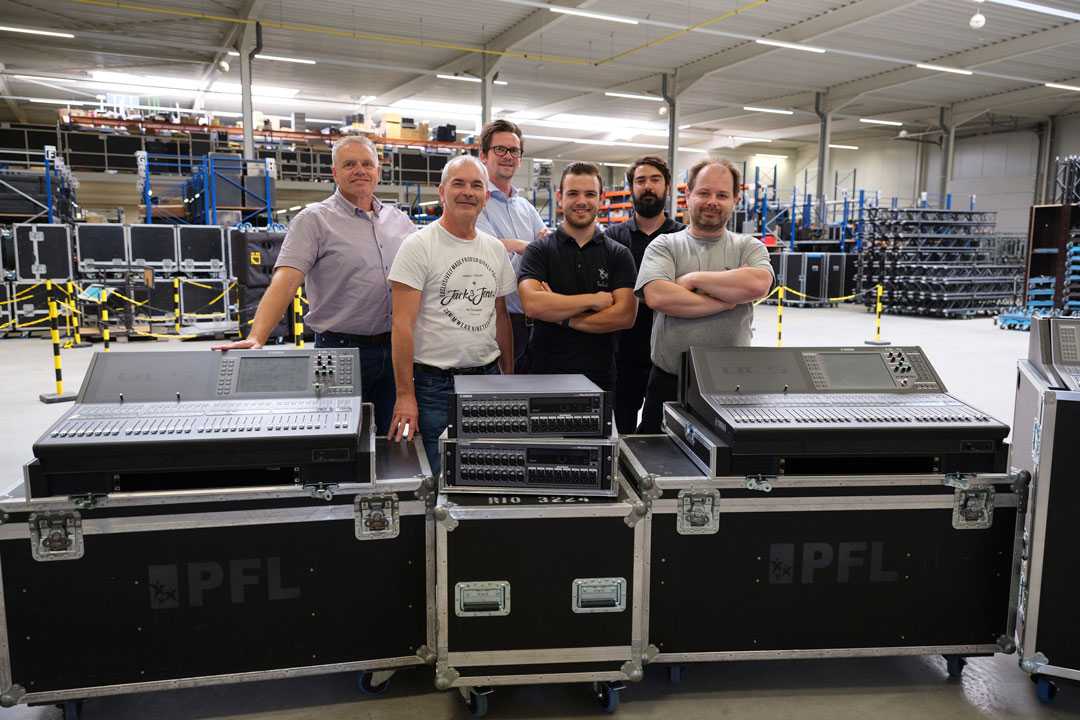Dominic De Gruyter, owner and CEO of PFL (left) with other audio staff and the new Yamaha equipment Dominic De Gruyter, owner and CEO of PFL (left) with other audio staff and the new Yamaha equipment