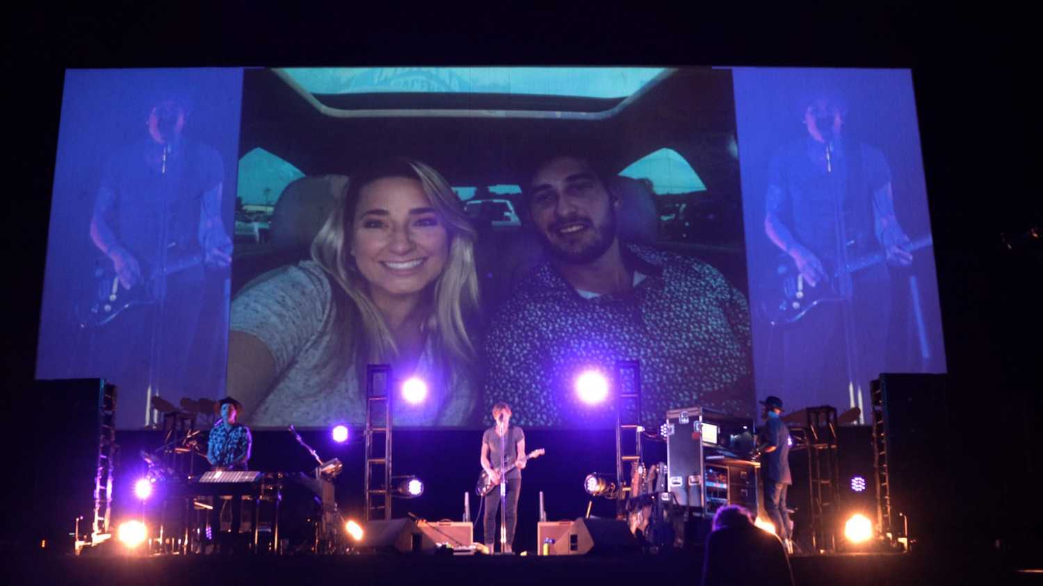 The lighting on stage was coordinated with video images on the drive-in’s giant screen