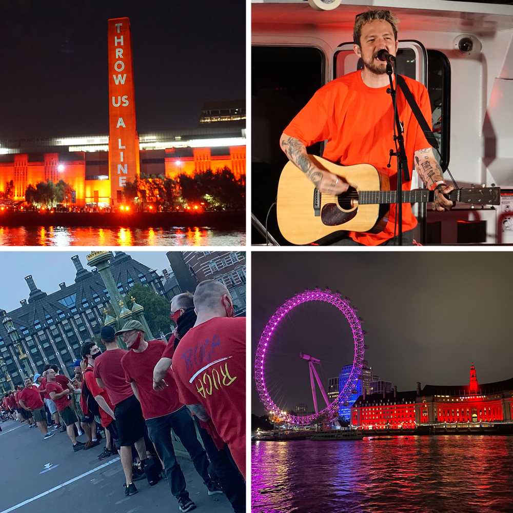 Clockwise from top left: Tate lit up for #WeMakeEvents and surrounded by supporters; Frank Turner performs to support the cause; attractions across the UK lit up red for the occasion; Protesters wearing red line up on Westminster Bridge. Photos: LSi