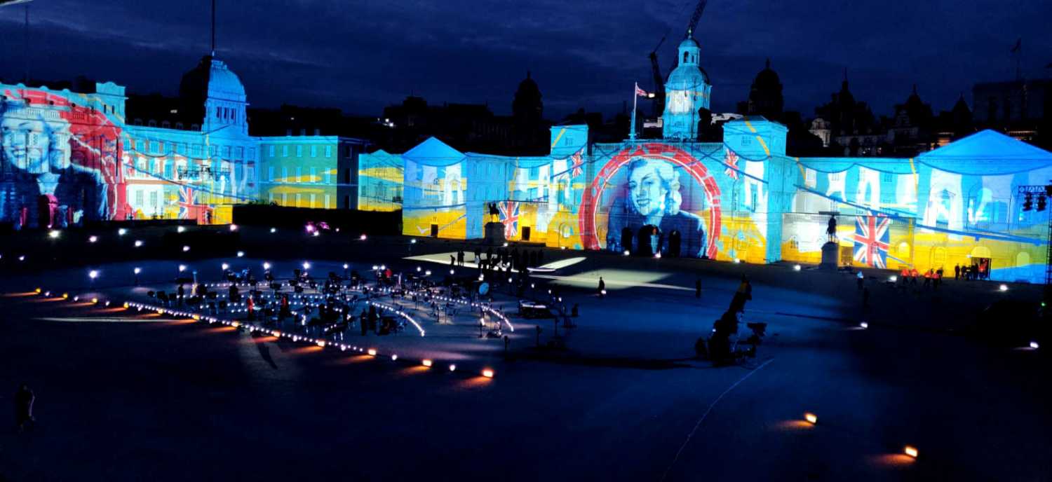 The decision was made by the BBC to cover almost the entirety of Horse Guards Parade with projection The decision was made by the BBC to cover almost the entirety of Horse Guards Parade with projection