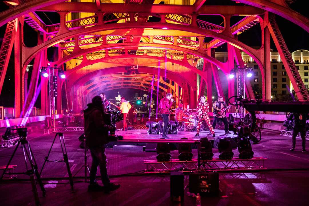 Forming the scenic backdrop and surrounding the band for the shoot was Tower Bridge Forming the scenic backdrop and surrounding the band for the shoot was Tower Bridge