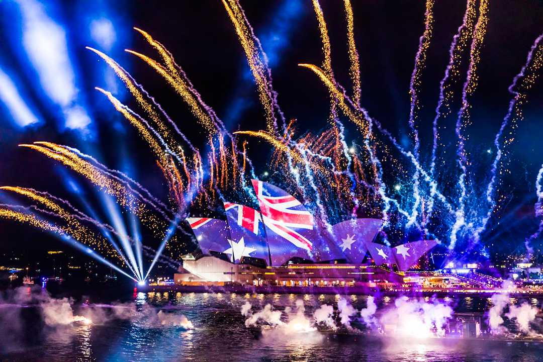 The Australia Day concert was held on the Sydney Opera House forecourt along with a spectacular fireworks display The Australia Day concert was held on the Sydney Opera House forecourt along with a spectacular fireworks display