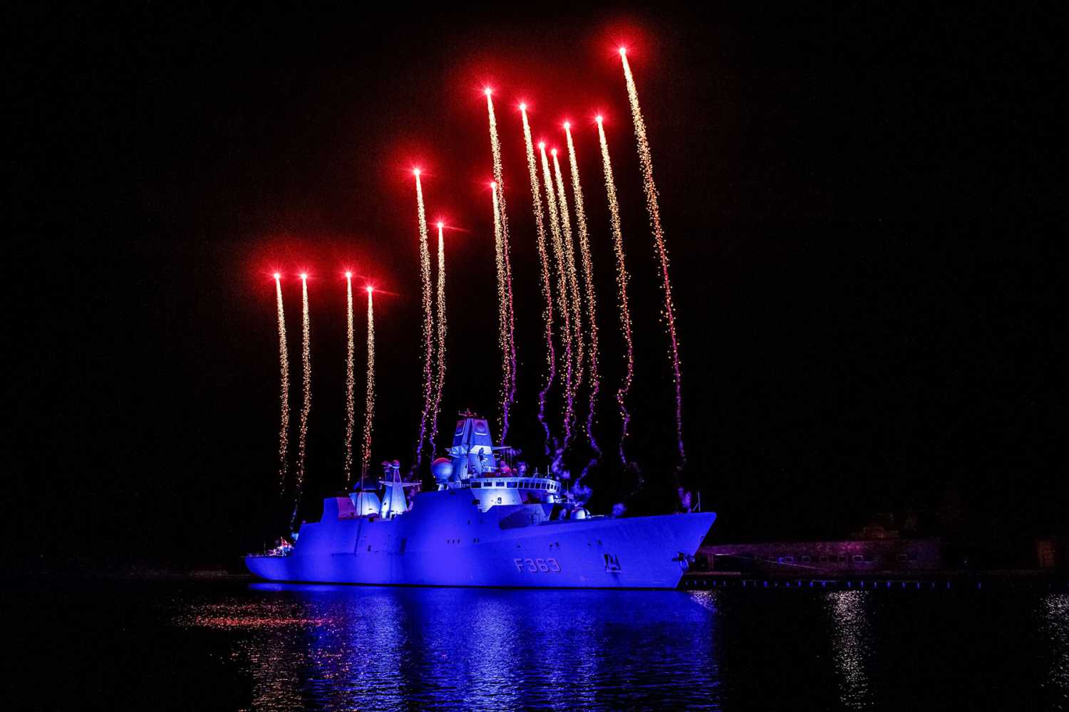 Fireworks on the frigate Niels Juhl