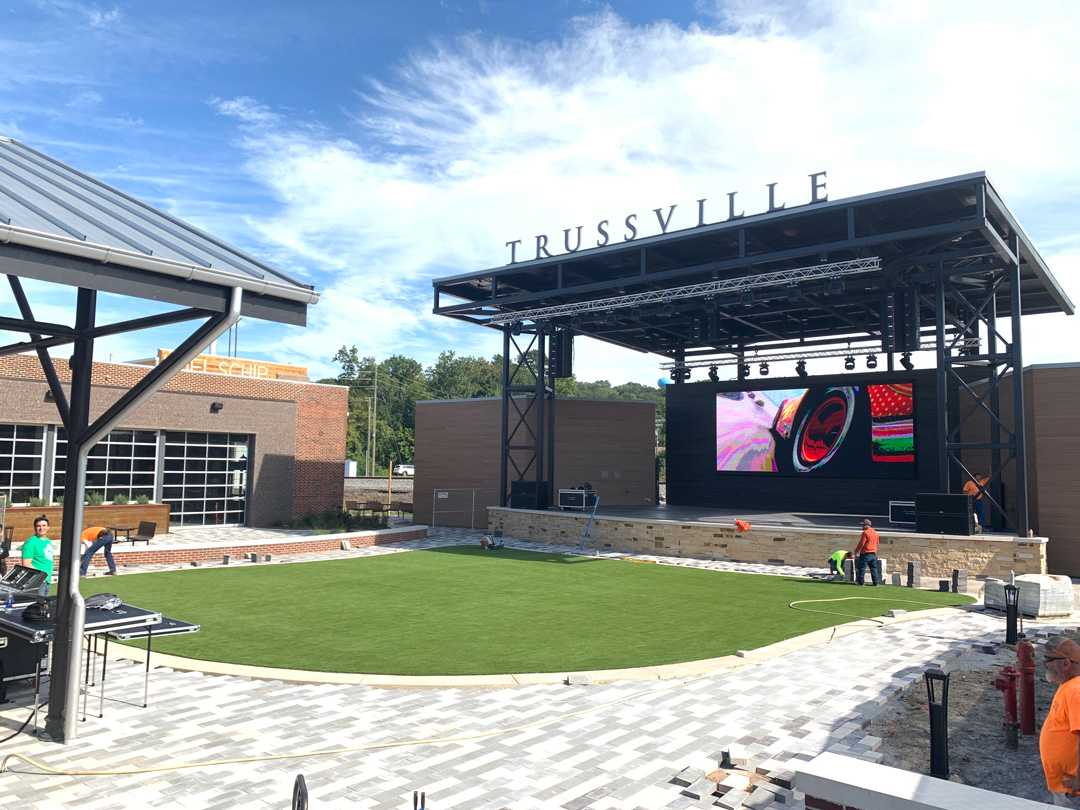 The central elements of Trussville’s downtown entertainment district are its new stage and pavilion The central elements of Trussville’s downtown entertainment district are its new stage and pavilion