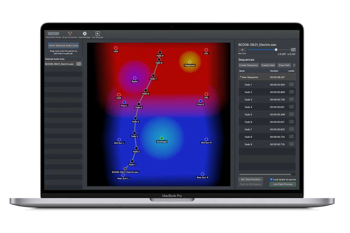 Using panLab 2, users can mix QLab audio and mic cues by positioning them on a virtual map of their sound system Using panLab 2, users can mix QLab audio and mic cues by positioning them on a virtual map of their sound system