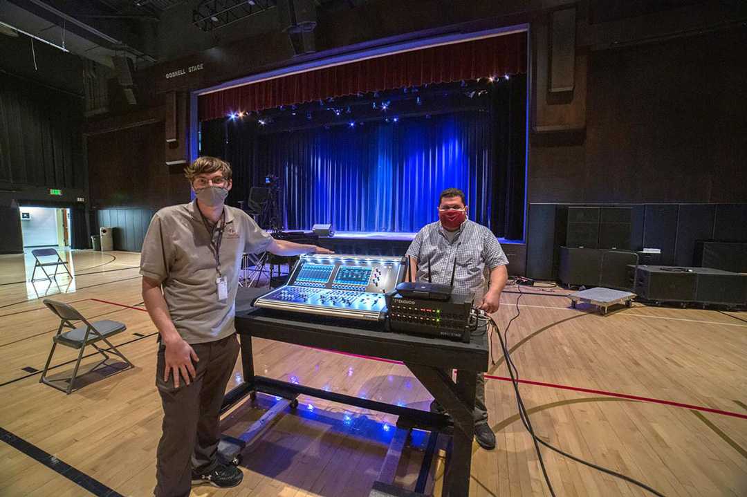 Oaks Christian School’s Jonathan Hagberg (left) and David Alexander with the new DiGiCo S21 digital console