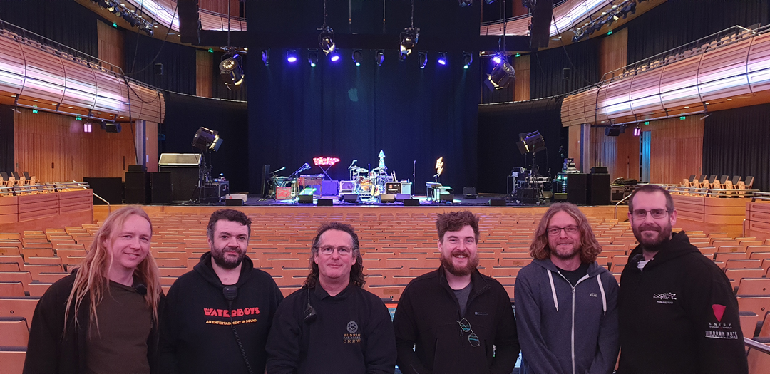 The Entec crew: Stu Condron (FOH & production manager), Donal O'Lunaigh (LD), Leo Tierney (LX system tech), Aaron Greig (monitors), Craig Williams (monitors system tech) and Alex Chapman (FOH system tech)