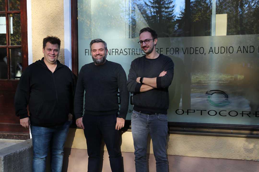 Ramūnas Alenskas, SONUS head of sales, Dawid Somló, Optocore sales distribution manager, and Tomas Ždanovičius, SONUS sound system designer/engineer