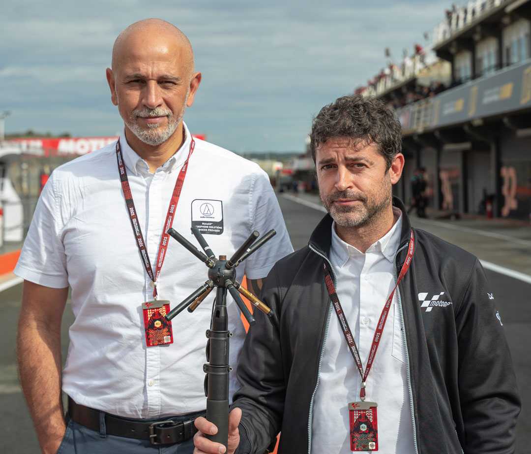 Dorna Sports sound manager Pep Mendoza and Audio-Technica’s Rodrigo Thomaz with an Audio-Technica 8.0 Microphone Concept prototype