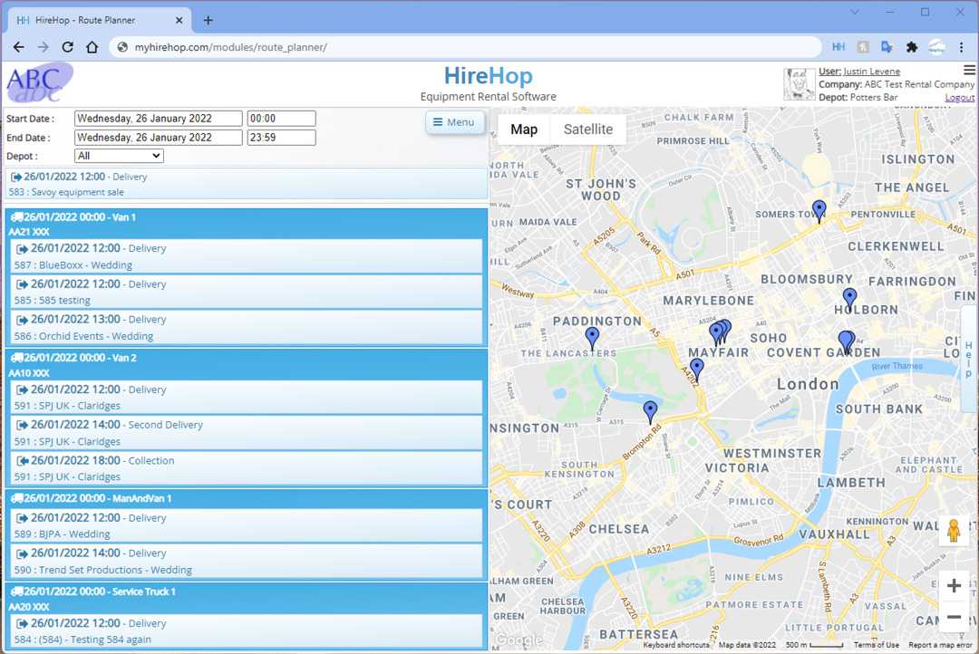 Routes, destinations and depots are visually displayed on a map