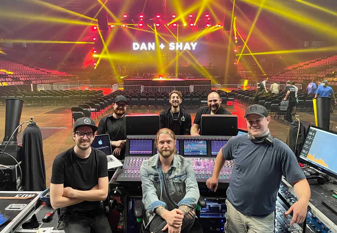 The Dan + Shay audio crew - front: Austin Brucker (monitor engineer), Taylor Bray (FOH engineer), and Eric Thomas (SE/crew chief). Back: Taylor Pescatore (PA/stage patch), Justin Stiepleman (PA/B stage), and Justin Curtiss (monitor tech/RF)