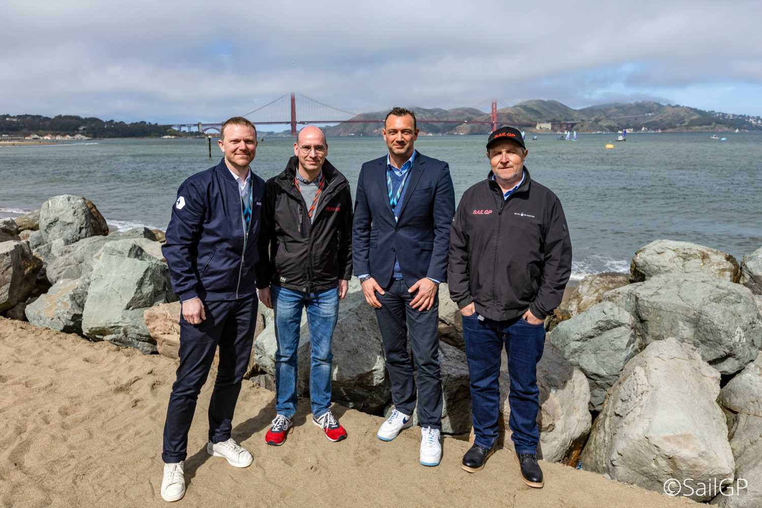 Tim Krieglstein, Skyroads, Thomas Riedel, Achim Kostron, Skyroads and Warren Jones, chief technology officer at SailGP Tim Krieglstein, Skyroads, Thomas Riedel, Achim Kostron, Skyroads and Warren Jones, chief technology officer at SailGP