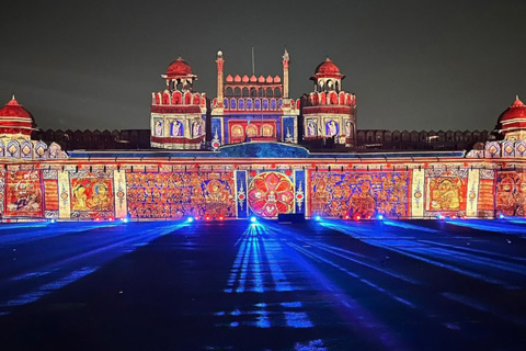 The Lahori Gate and its surrounding walls are illuminated by 19 Christie laser projectors