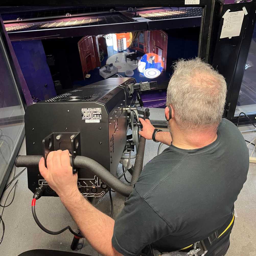 Technical manager Dave Wimpenny tests out the new 800w long-throw LED followspots (photo: The Lowry) Technical manager Dave Wimpenny tests out the new 800w long-throw LED followspots (photo: The Lowry)
