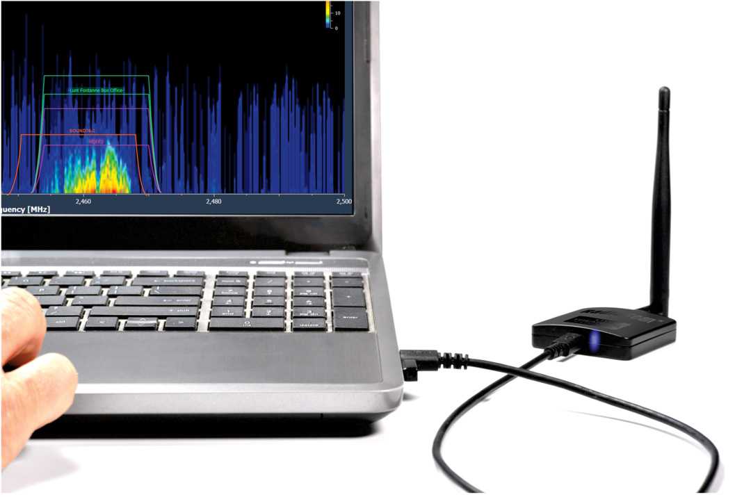 The RadioScan spectrum analyser can be used as a frequency scanner to set universes on each receiver from City Theatrical’s DMXcat app