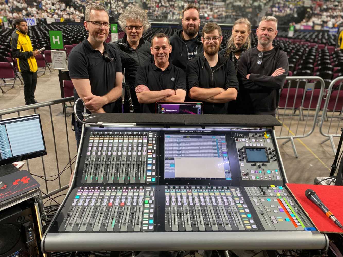 The Young Voices audio crew - Fergus Mount (crew chief), Gavin Tempany (FOH engineer), Luke Cohen (stage technician), Bart de Wit (system engineer), Tobias Dracup (RF technician), Grace Howat (monitor engineer) and Paul Gardiner (system engineer) The Young Voices audio crew - Fergus Mount (crew chief), Gavin Tempany (FOH engineer), Luke Cohen (stage technician), Bart de Wit (system engineer), Tobias Dracup (RF technician), Grace Howat (monitor engineer) and Paul Gardiner (system engineer)