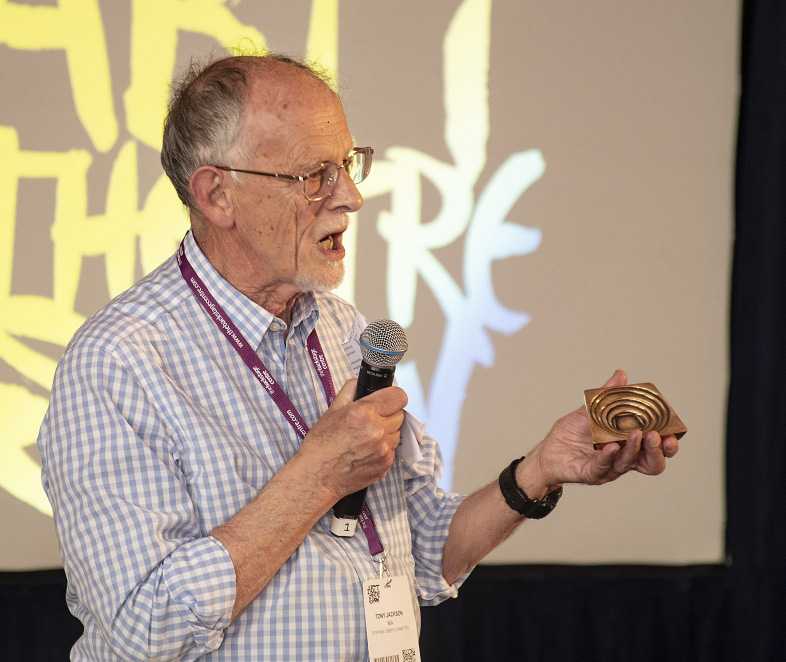 Tony Jackon at the ABTT Theatre Show announcing the Stephen Joseph Award 2022 open