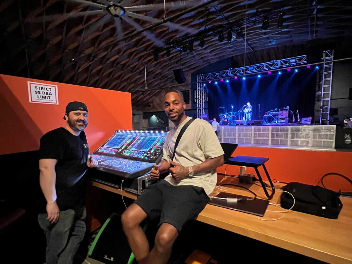 Nathan Kipp (left) and production manager Courtney Panton at the venue’s new DiGiCo SD12 mixing console at FOH