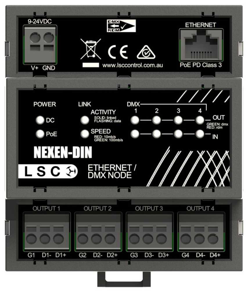 Nexen is a fully featured four-port, DINrail-mounting ethernet/DMX node