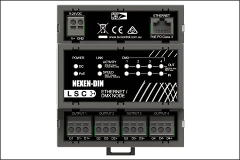 Nexen is a fully featured four-port, DINrail-mounting ethernet/DMX node