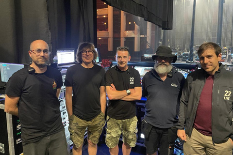 Miles Barton, FOH and system technician; Mark Hawley FOH engineer; Neil Heal, monitor engineer; Andy Yates, stage and monitor technician and Alex Penn, 22live commercial director