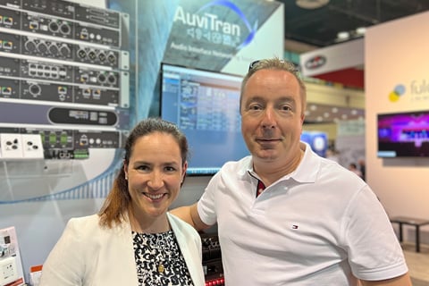 Cianna David-Kivlehan of Auvitran and Stuart Thomson of CUK on the Auvitran Booth at InfoComm