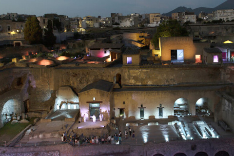 Prolights bathed the wide expanse of the Herculaneum excavations