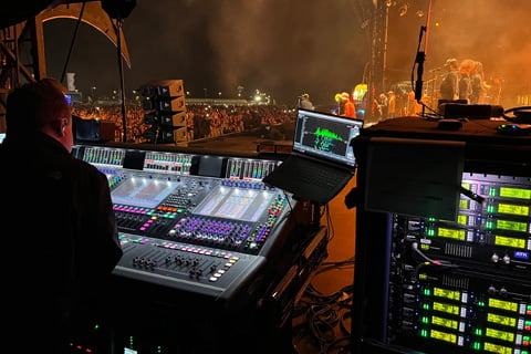 Liam Gallagher sings into a Shure Beta 57a at Knebworth (photo: Finlay Watt)