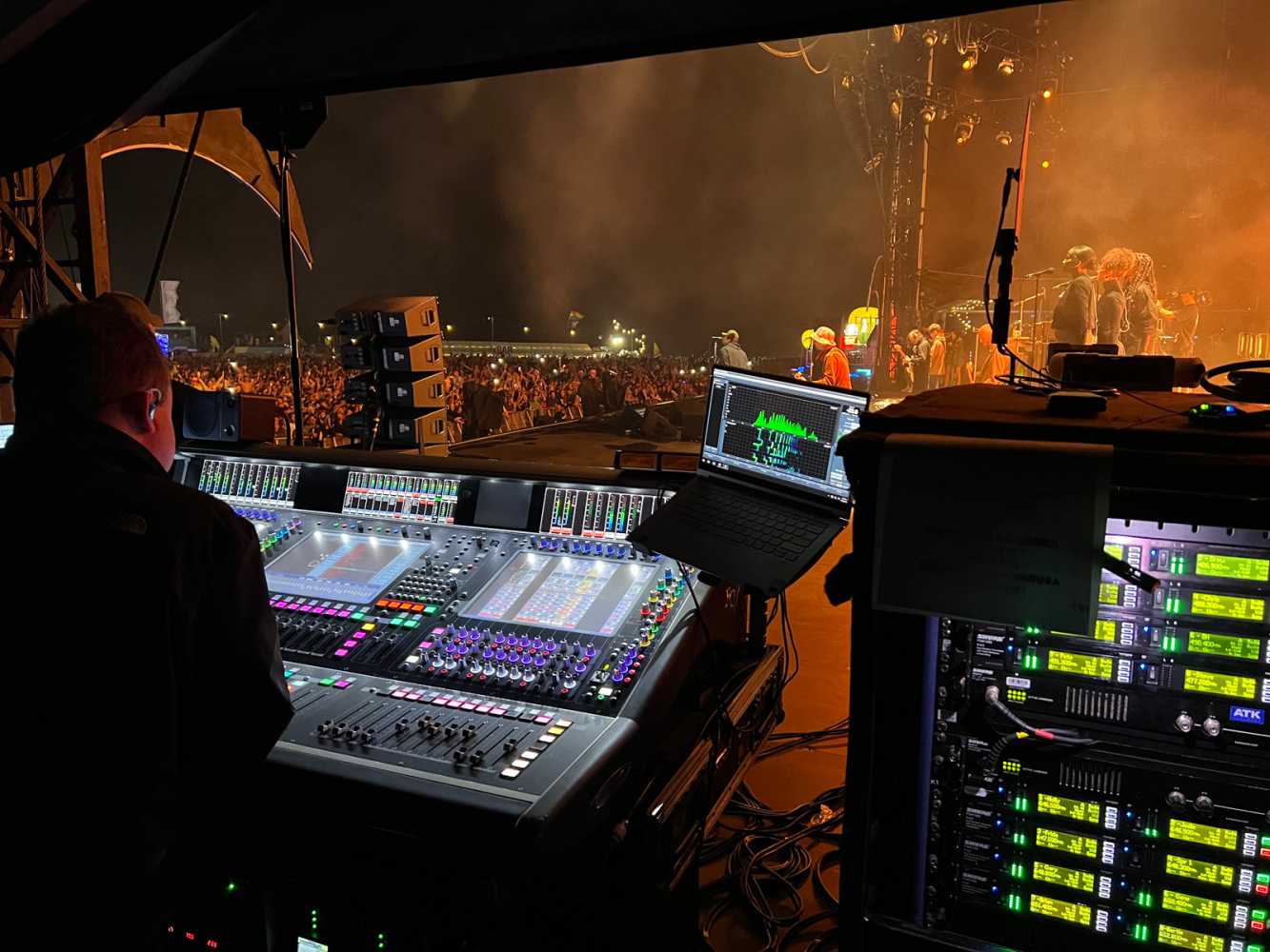 Liam Gallagher sings into a Shure Beta 57a at Knebworth (photo: Finlay Watt)