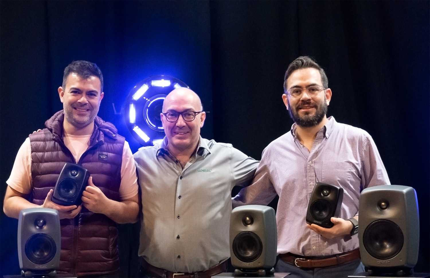Genelec’s Miguel Dominguez (centre), pictured with Jaime Celis (left) and Alejandro Celis of Representaciones de Audio Genelec’s Miguel Dominguez (centre), pictured with Jaime Celis (left) and Alejandro Celis of Representaciones de Audio