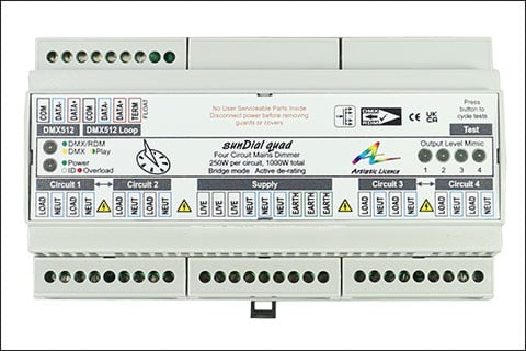 The sunDial quad DMX 1K is a DMX/RDM controlled mains dimmer